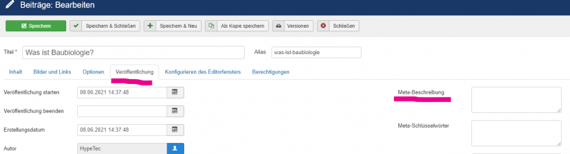 Metabeschreibung / Seitentitel